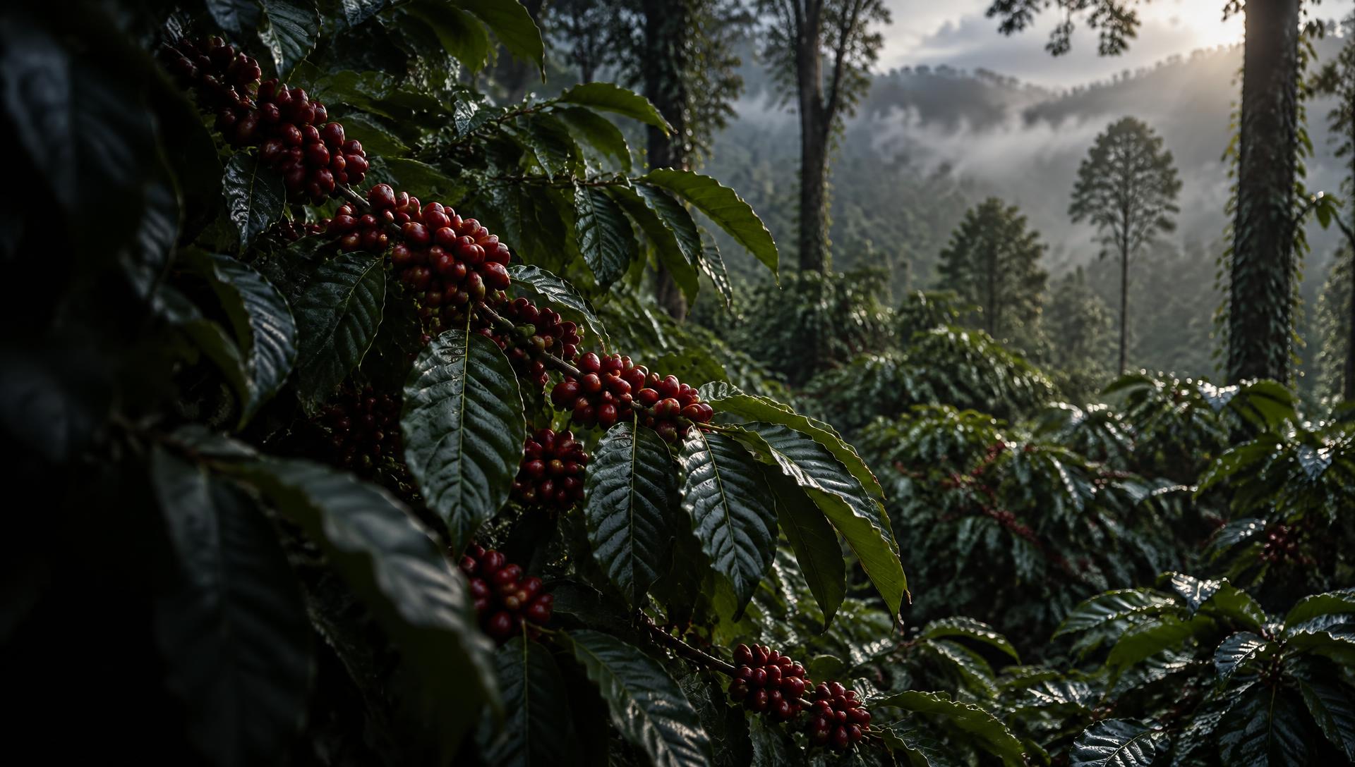 Coffee tree leaves and ripe coffee cherries in a misty Coorg plantation